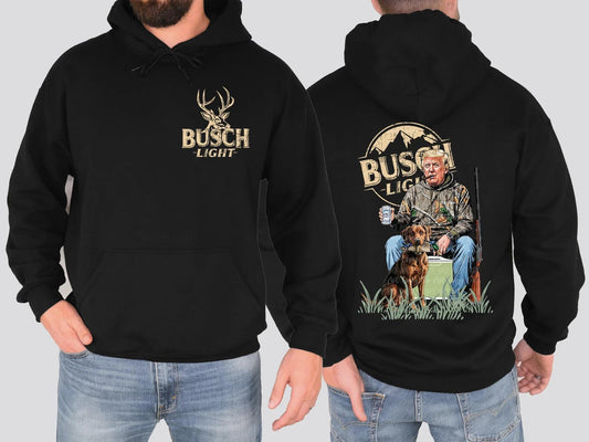 Busch Light Hunting Trump Hoodie, T-Shirt, or Sweatshirt | Front Pocket Deer Print & Bold Back Hunting Scene
