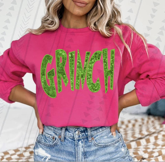GRINCH Faux Sequin Green T-Shirt, Sweatshirt, or Hoodie | Sparkly Holiday Grinch Apparel