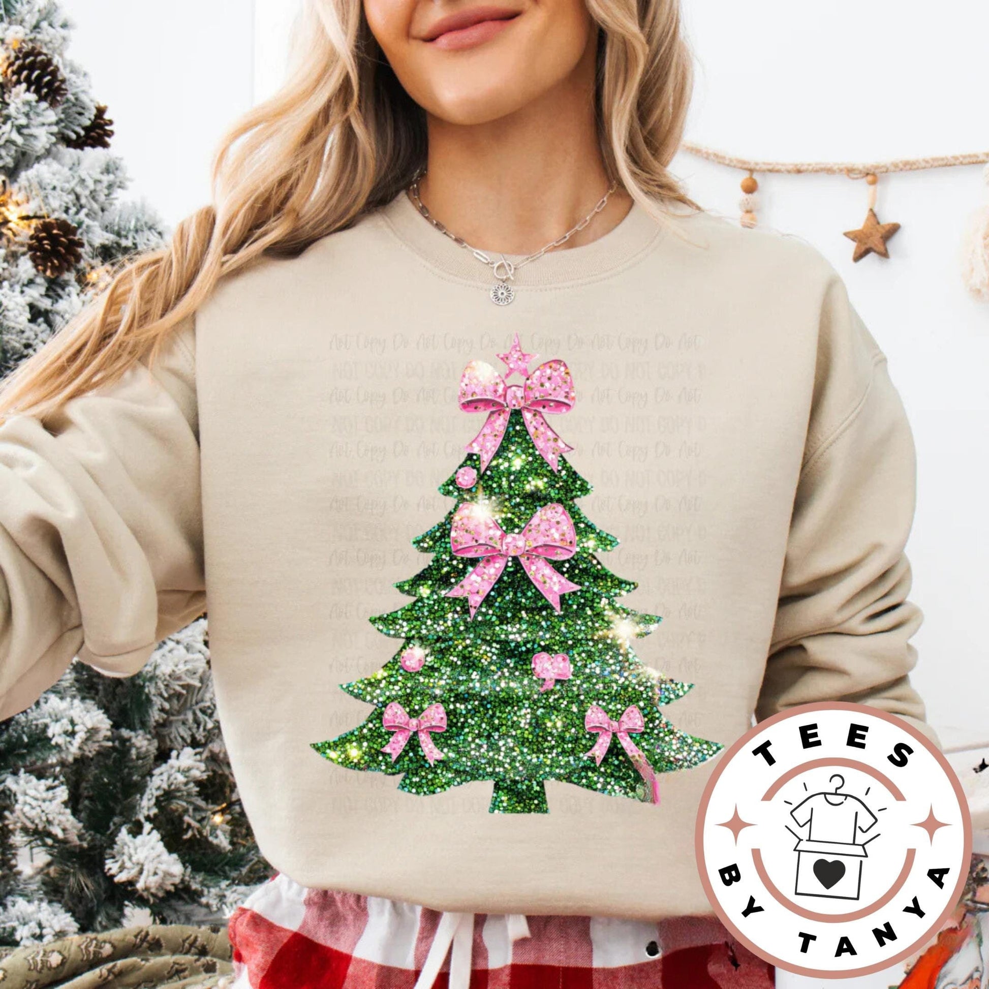 Glitter Christmas Tree with Pink Ribbons – Holiday Shirt, Sweatshirt, or Hoodie