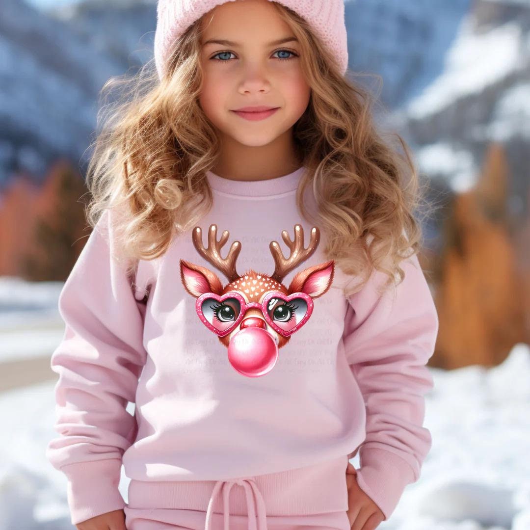 Kids Reindeer Shirt, Hoodie, or Sweatshirt with Heart Glasses and Bubble Gum Graphic, Cute Christmas Outfit for Boys and Girls