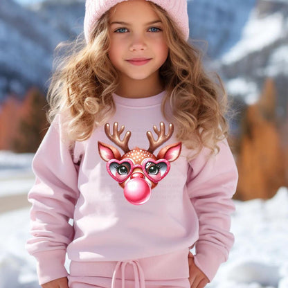 Kids Reindeer Shirt, Hoodie, or Sweatshirt with Heart Glasses and Bubble Gum Graphic, Cute Christmas Outfit for Boys and Girls