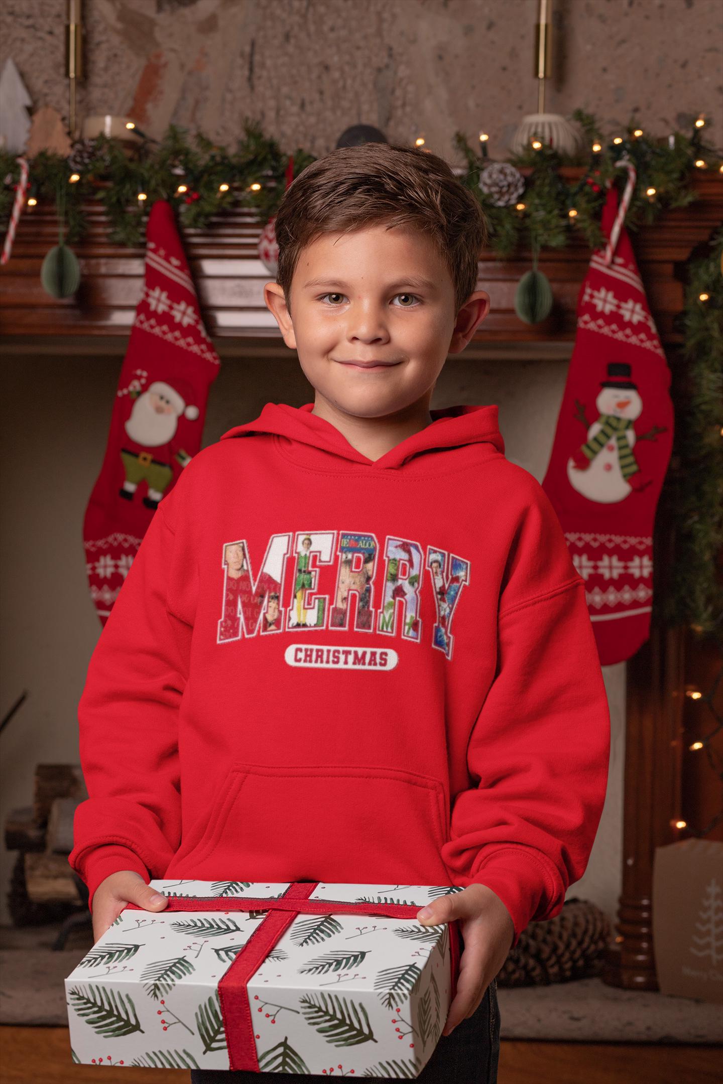 Kids Unisex 90s Christmas Movie Shirt – "Merry Christmas" Graphic Tee, Hoodie, or Sweatshirt with Elf, Home Alone, Grinch & More
