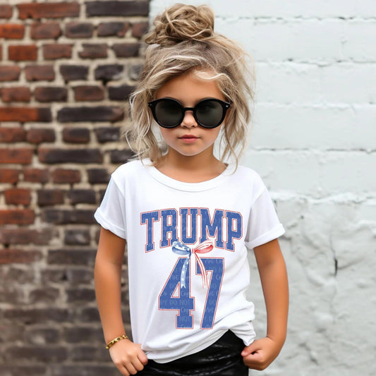 Kids Trump 47 T-Shirt, Sweatshirt, or Hoodie with Red and Blue Ribbon Design, Patriotic Trump Apparel, Political Support Shirt