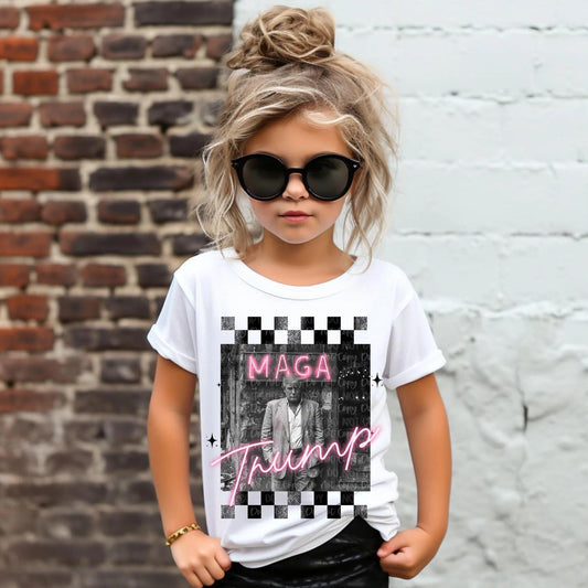 Kids MAGA Trump Checkered Graphic T-Shirt, Sweatshirt, or Hoodie | Black and White Trump Design with Bold MAGA Print