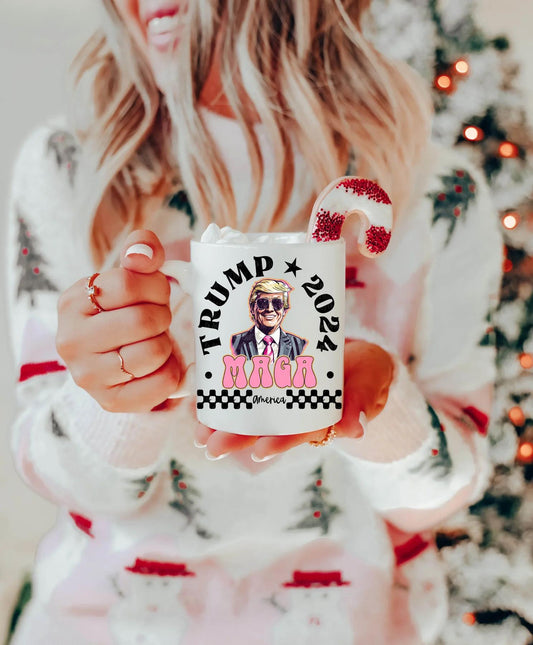 MAGA Trump 2024 UV DTF Decal for Mug – Bold Design with Trump Graphic and Checkered Background