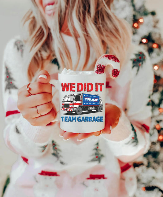 We Did It Team Garbage UV DTF Decal – Red and Blue Dump Truck Design with 'TRUMP' Graphic for Mugs