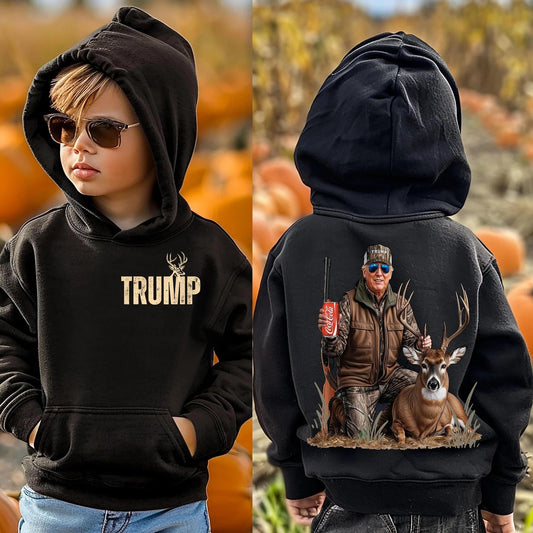 Kids Trump Hunting Matching Graphic Shirt – Deer Antler Logo on Front, Trump in Hunting Gear on Back – Adult & Kids Sizes, Patriotic Apparel