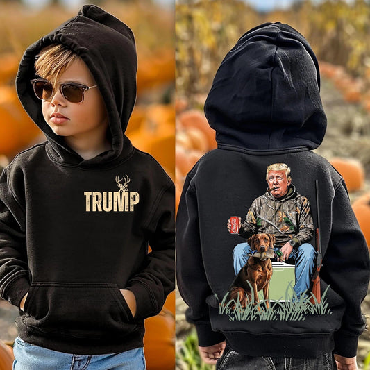 Kids Trump Duck Hunting T-Shirt Sweatshirt Hoodie – Front 'Trump' Graphic & Back Trump Hunting Duck Design with Dog
