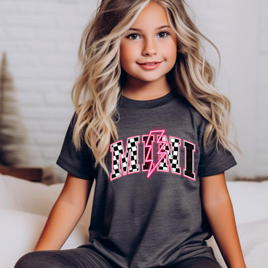 MINI Kids T-Shirt, Sweatshirt, Hoodie – Checkered Design with Lightning Graphic, Trendy Youth Apparel for Boys and Girls