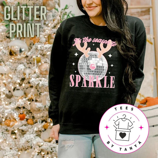 Festive Disco Ball Reindeer T-Shirt, Sweatshirt, or Hoodie – ‘Tis the Season to Sparkle Glitter Print Christmas