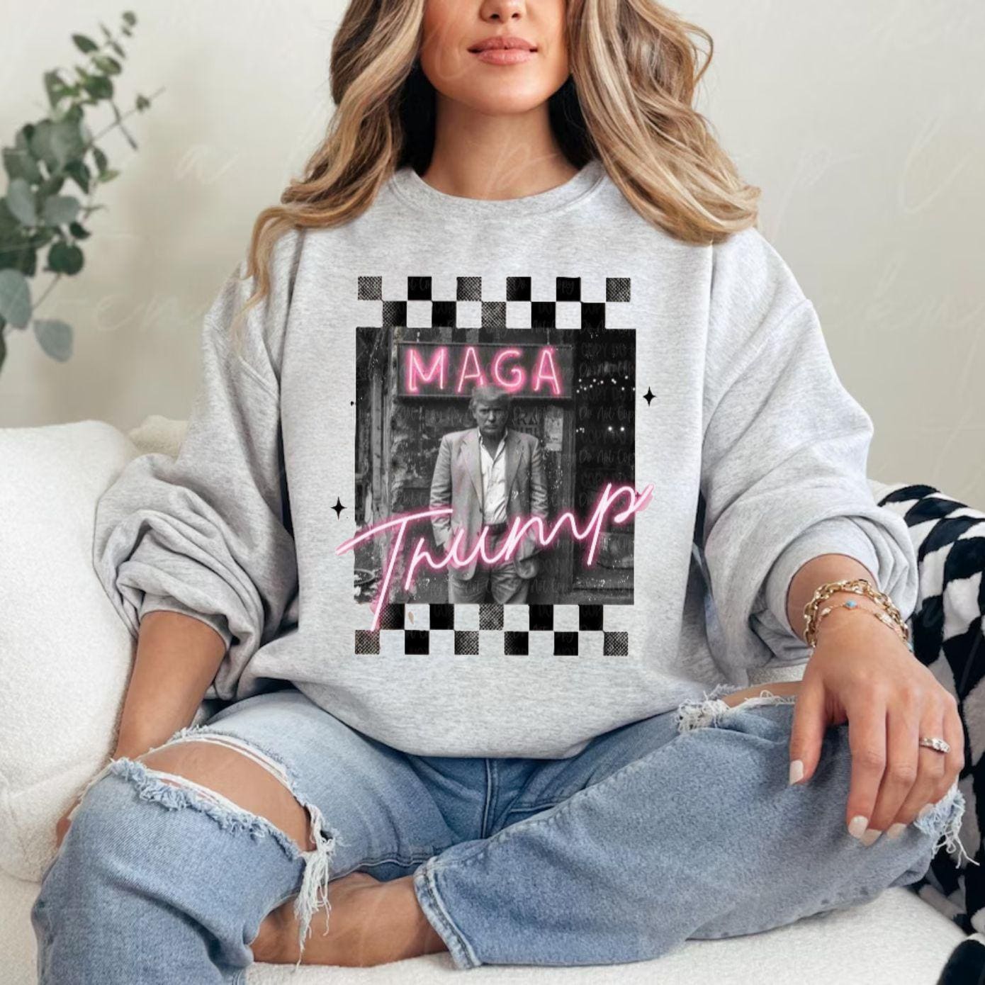 MAGA Trump Checkered Matching Graphic T-Shirt, Sweatshirt, or Hoodie | Black and White Trump Design with Bold MAGA Print