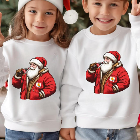Kids Unisex Santa Drinking Soda Graphic T-Shirt, Sweatshirt, or Hoodie – Classic Christmas Holiday Design for All Ages