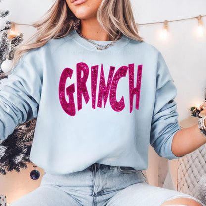 GRINCH Faux Sequin Pink T-Shirt, Sweatshirt, or Hoodie | Sparkly Grinch Holiday Apparel