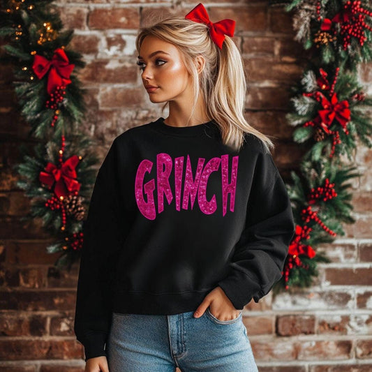 GRINCH Faux Sequin Pink T-Shirt, Sweatshirt, or Hoodie | Sparkly Grinch Holiday Apparel