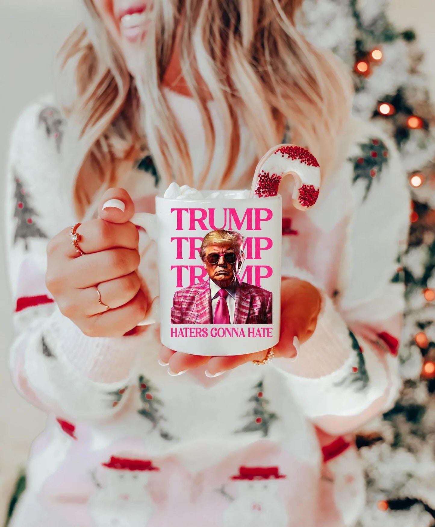 Trump UV DTF Decal for Mug – 'Haters Gonna Hate' Pink Suit Design with 'TRUMP' Background