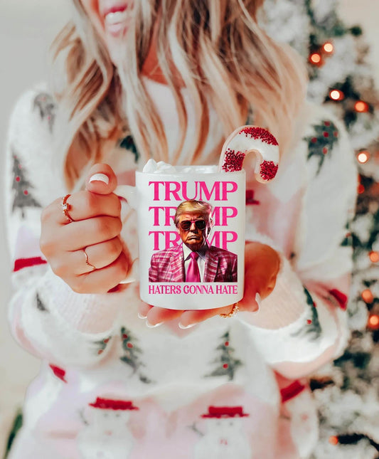 Trump UV DTF Decal for Mug – 'Haters Gonna Hate' Pink Suit Design with 'TRUMP' Background