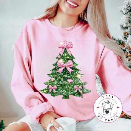 Glitter Christmas Tree with Pink Ribbons Shirt