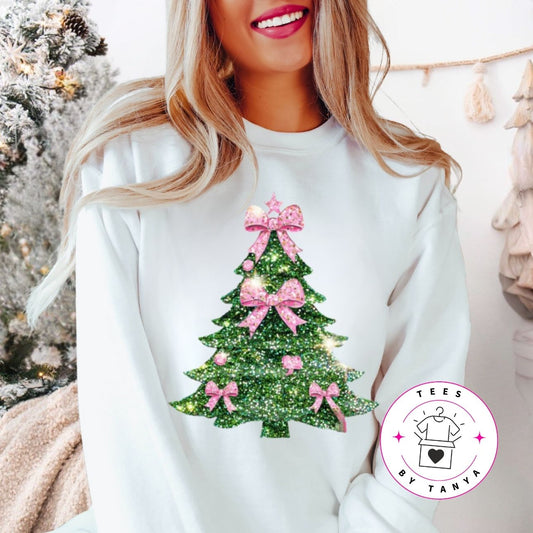 Glitter Christmas Tree with Pink Ribbons Shirt