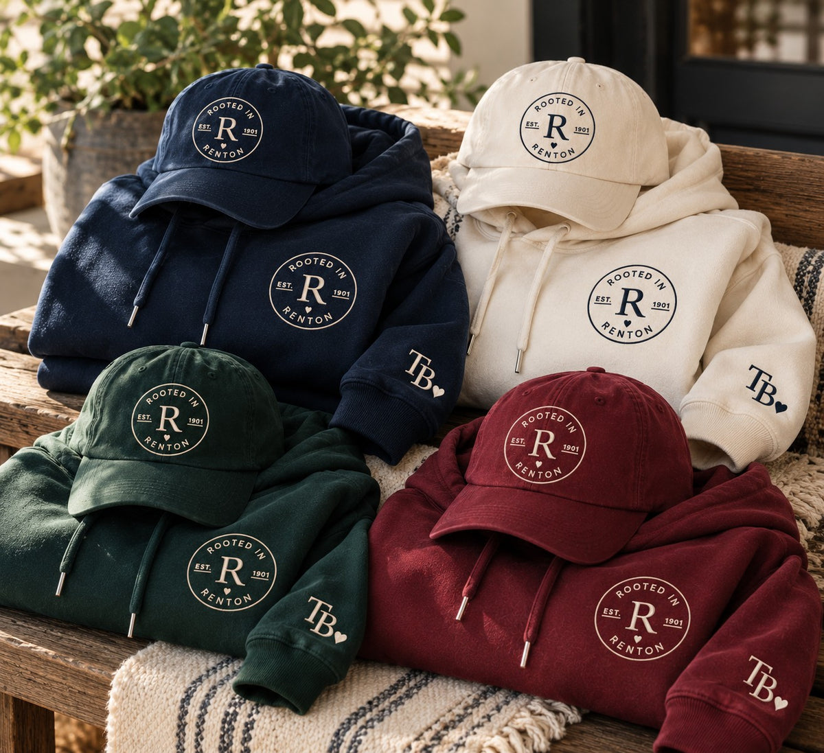 Rooted in Renton navy hoodie, vintage white crewneck and hat