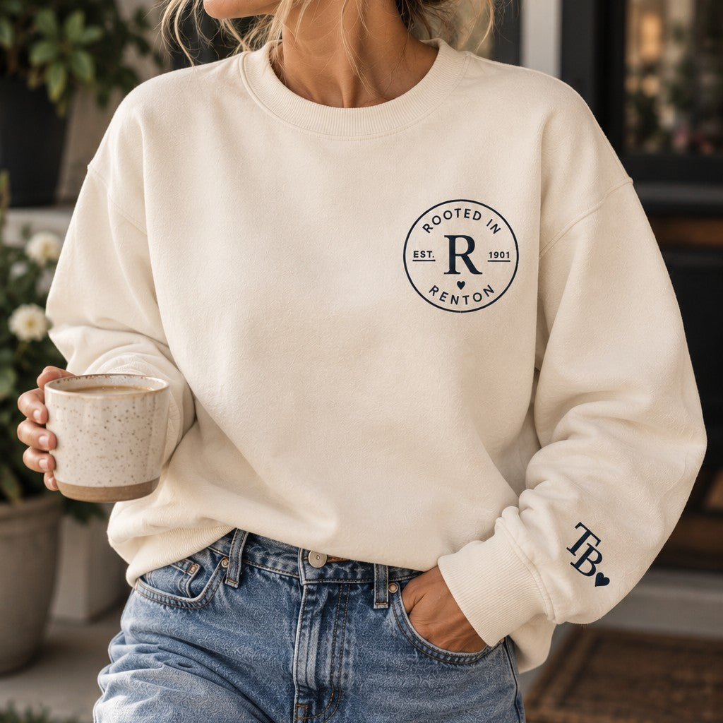 Rooted in Renton crewneck, front