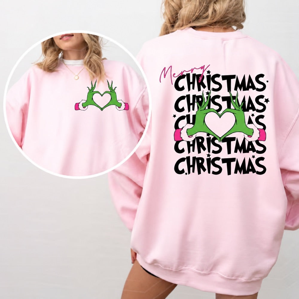 Pink Grinch heart-hands Christmas sweatshirt